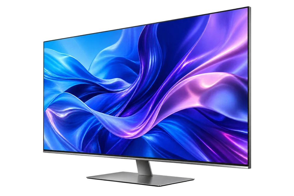 Illustrative premium television with a vivid blue and violet display